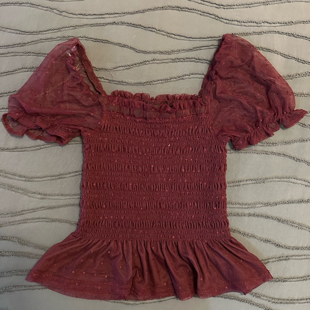 Moa Moa Red Smocked Puff Sleeve Blouse